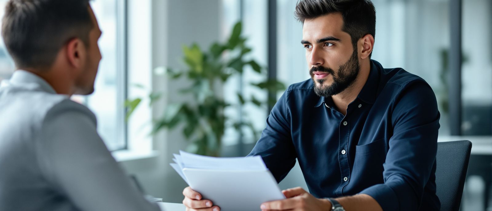 Consultor comercial apresentando uma proposta a um cliente, sentados frente a frente em uma sala de reunião