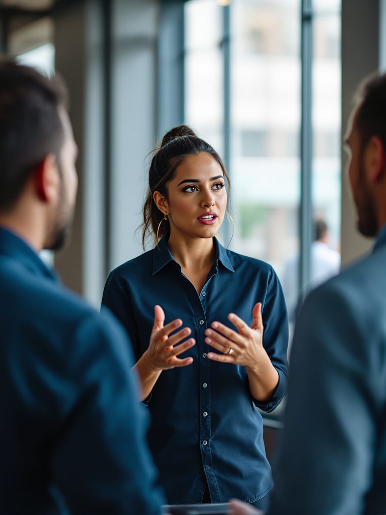 Profissionais reunidos em um ambiente de trabalho, em conversa sobre o dia a dia da operação